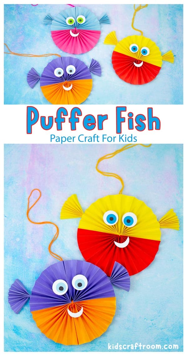 A collage of Paper Fan Puffer Fish Crafts in lots of different colours on a blue background. They are overlaid with text saying "Puffer Fish - Paper craft for kids".