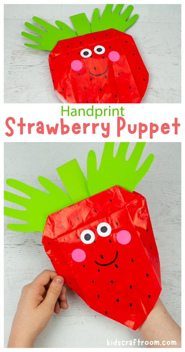 A collage of Strawberry Paper Bag Puppets overlaid with text.