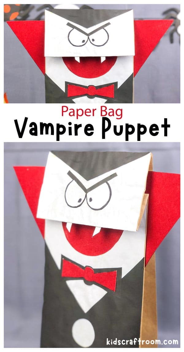 A collage of Paper Bag Vampire Puppet photographs, overlaid with descriptive text.