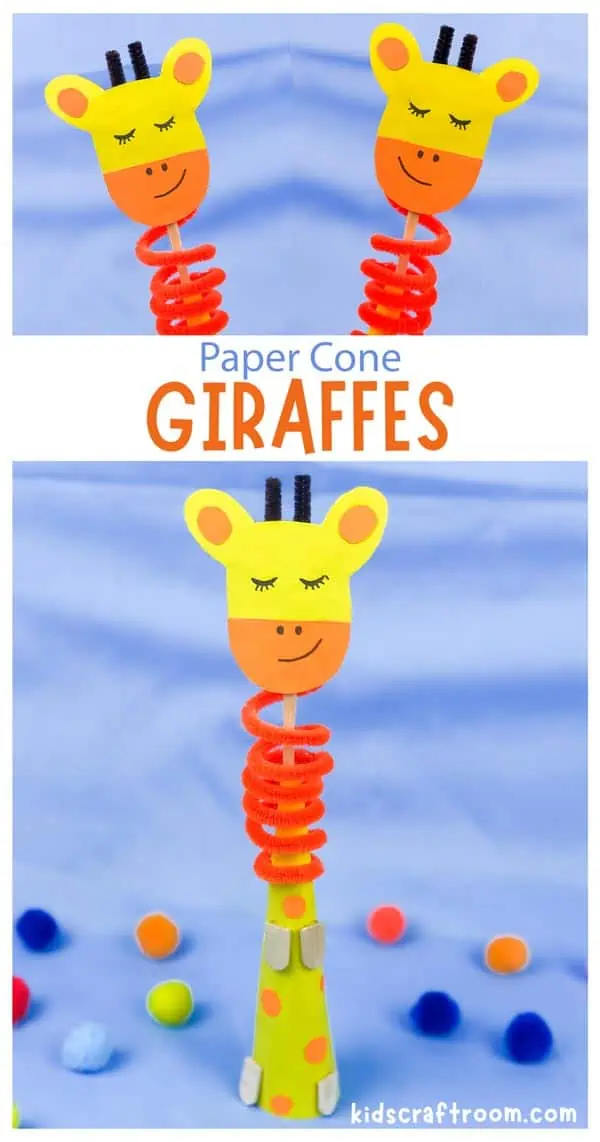A collage of giraffe crafts overlaid with text saying "paper cone giraffes".