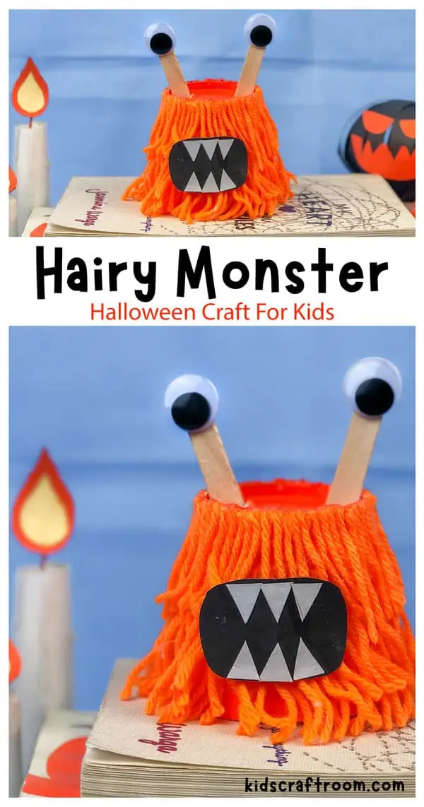 A collage of finished monster crafts overlaid with text saying "Hairy Monster Halloween Craft For Kids".