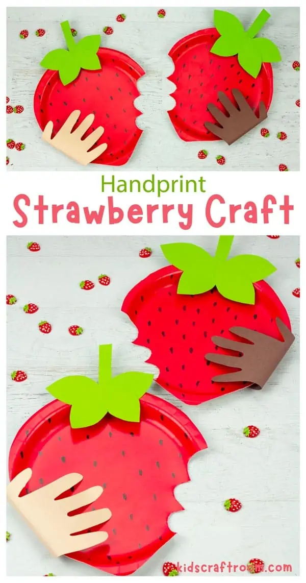 A collage of strawberry crafts overlaid with text saying "handprint strawberry craft".