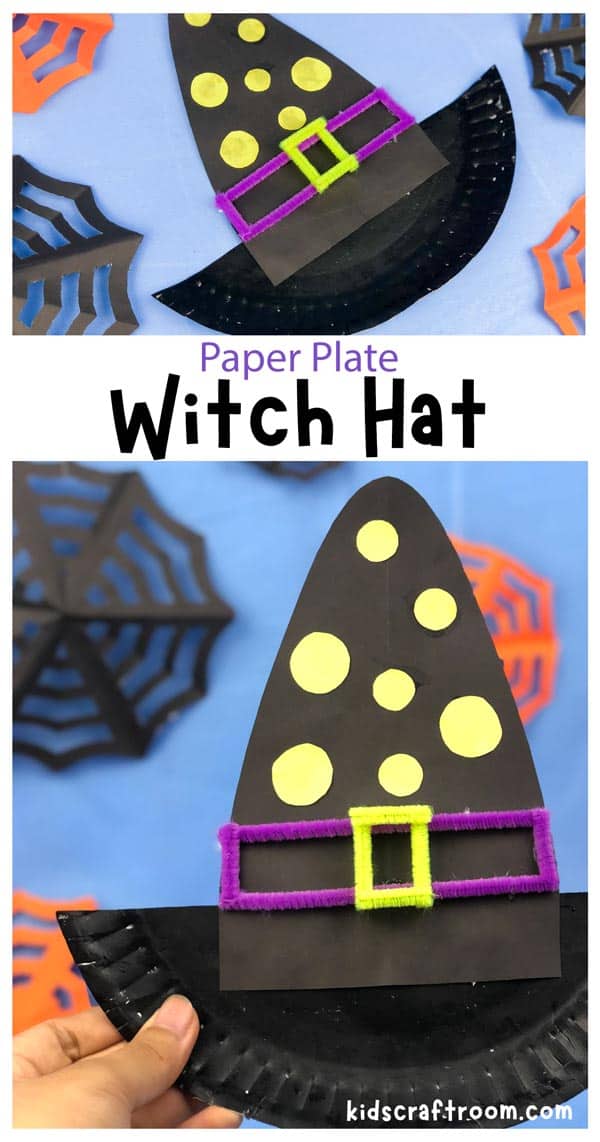 A collage of Paper Plate Witch Hats overlaid with descriptive text. 