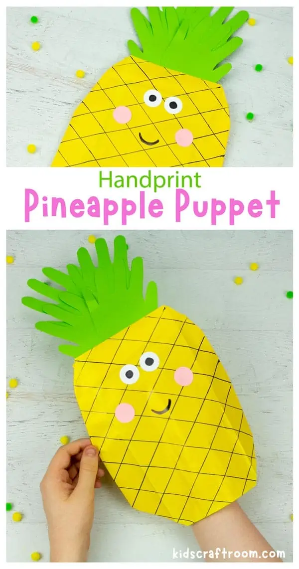 A collage of finished pineapple puppets overlaid with text saying"handprint pineapple puppet.