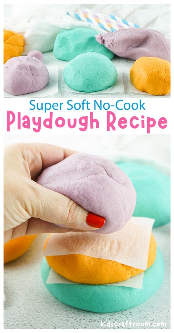 A collage of playdough images overlaid with text " Super Soft No Cook Playdough Recipe".