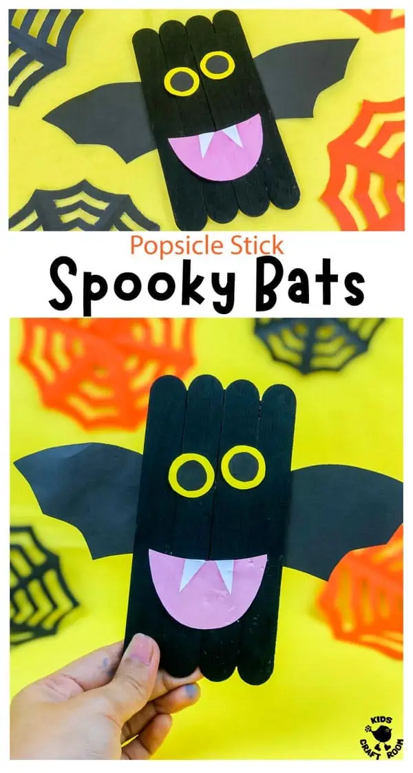 A collage of finished bat crafts overlaid with text saying "Popsicle stick Spooky Bats".