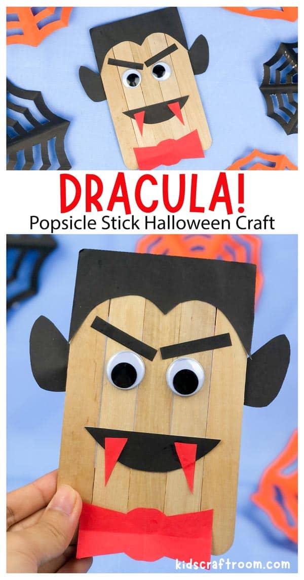 A collage of Popsicle Stick Vampire Crafts overlaid with text reading " Dracula! Popsicle Stick Halloween Craft".