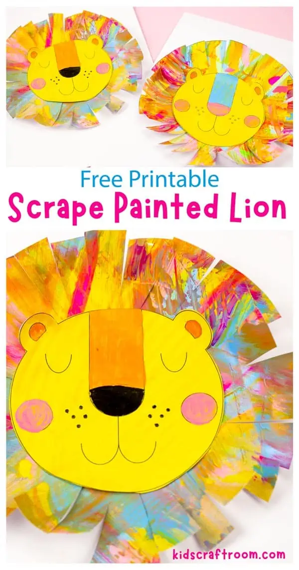 A collage of finished lion crafts overlaid with text saying "Free printable scrape painted lion".