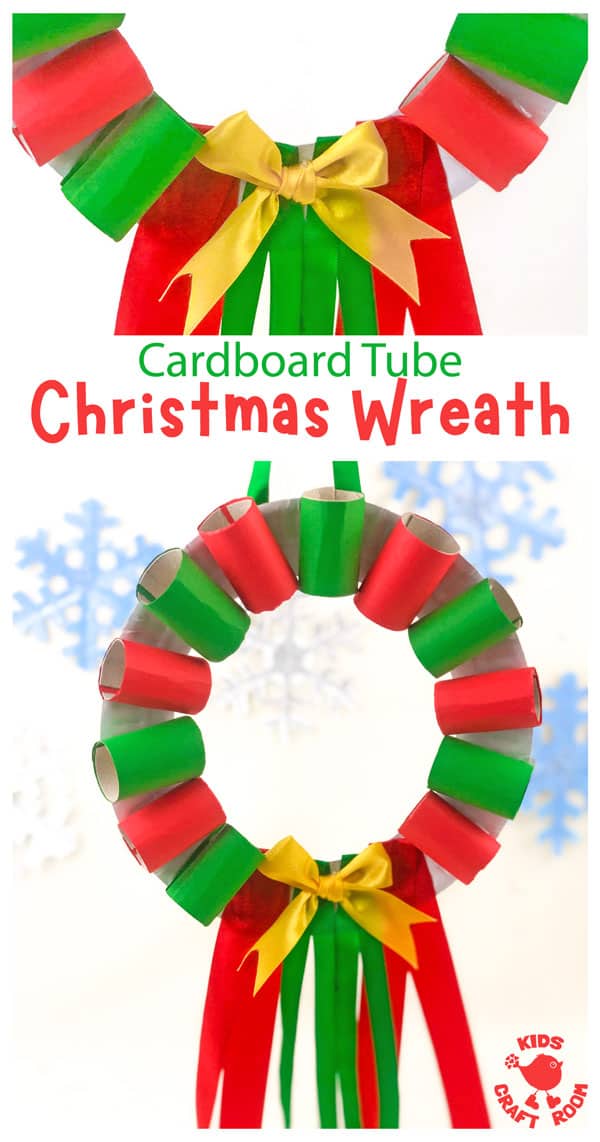 A collage of Paper Plate and Cardboard Tube Christmas Wreath Crafts showing one close up and one at a distance.
