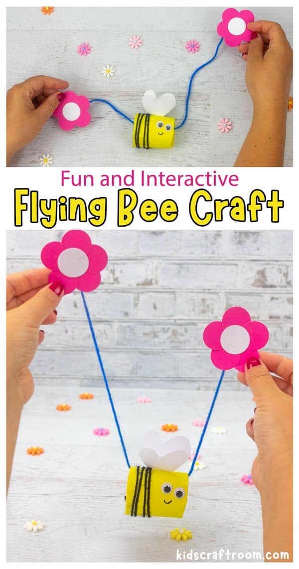 A collage showing the Cardboard Tube Flying Bee Craft in different positions with the bee flying from hand to hand.