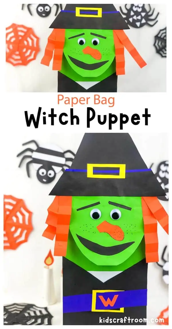 A collage of witch puppets overlaid with the text: "Paper Bag Witch Puppet".