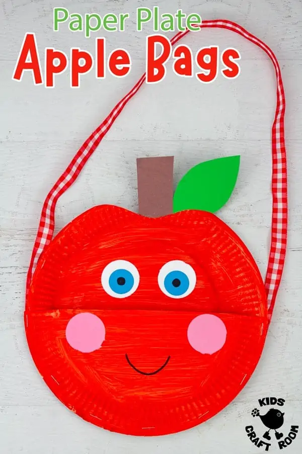 A red Paper Plate Apple Bag Craft with a red gingham shoulder strap.