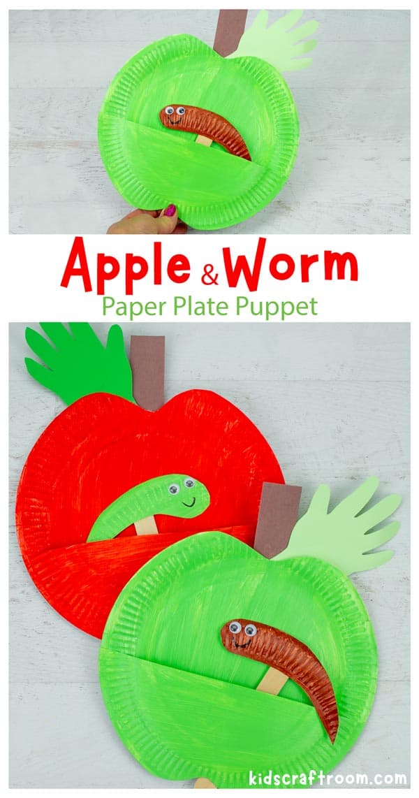 A collage of worm and apple puppet pictures overlaid with text saying "Apple and worm paper plate puppet".