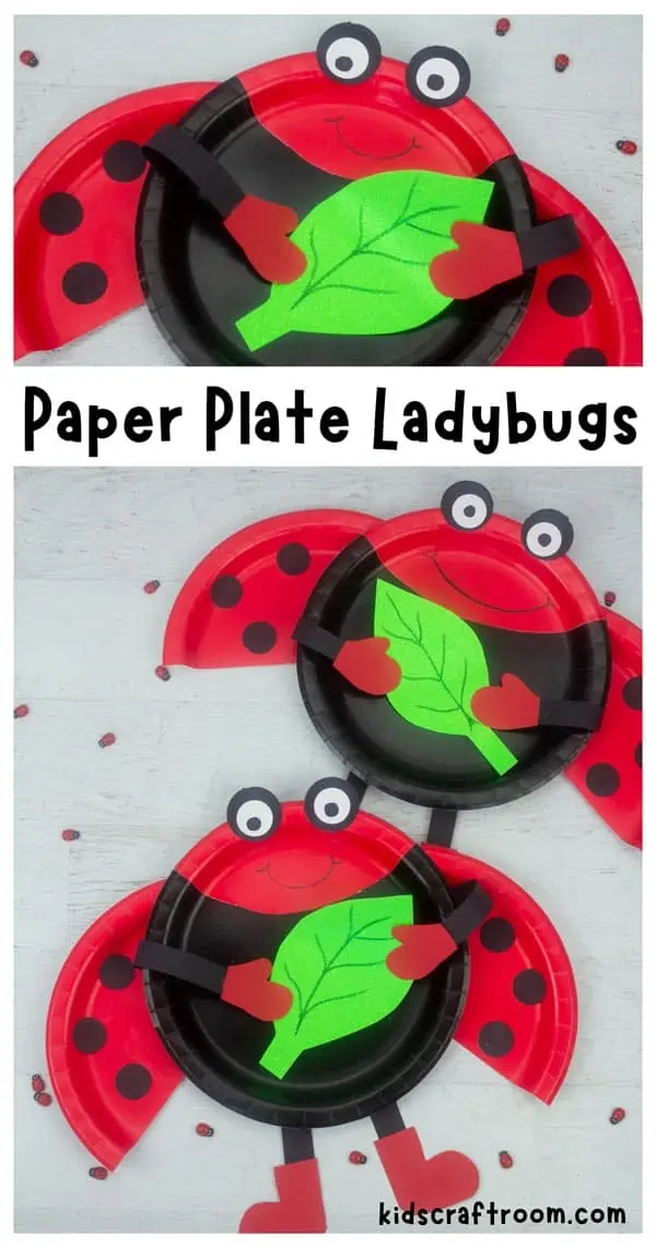 A collage of paper plate ladybird crafts overlaid with text saying "Paper Plate Ladybugs".