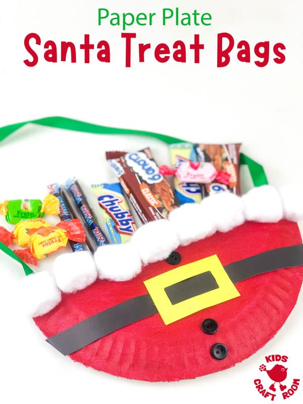 A close up of a Paper Plate Santa Treat Bag filled with Christmas treats.