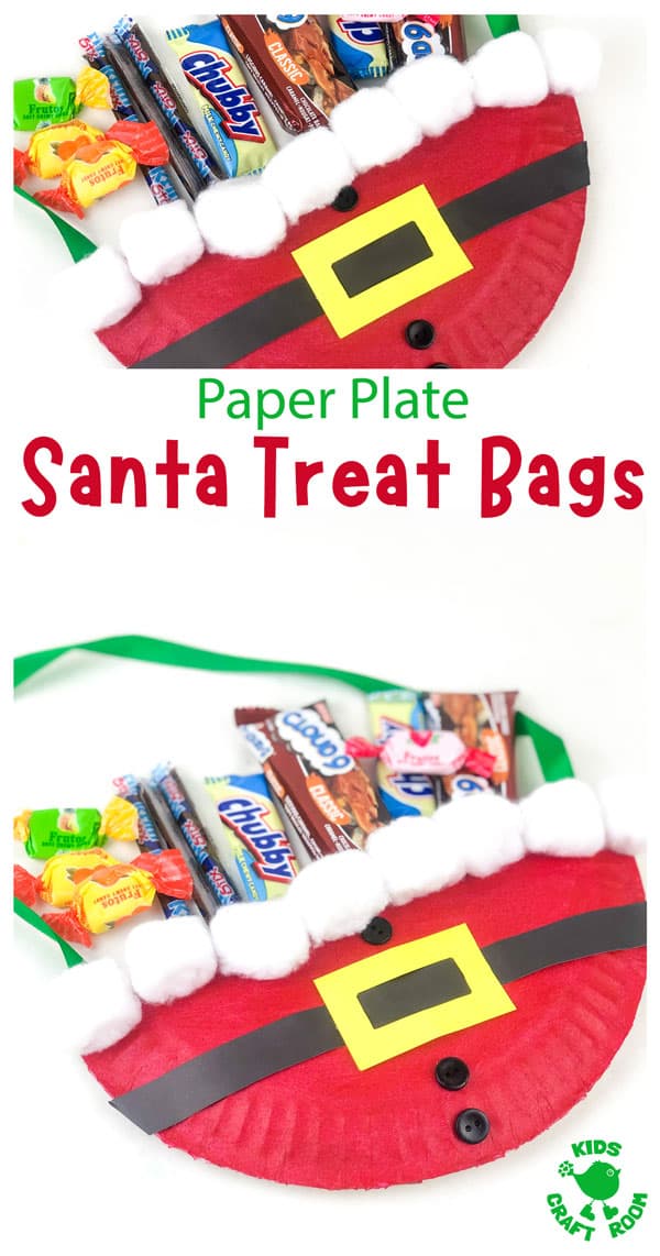 A collage of Santa Goodie Bags overlaid with text saying "Paper Plate Santa Treat Bags".