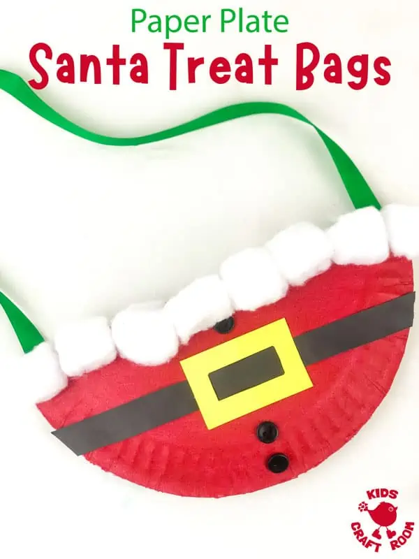 An empty Paper Plate Santa Treat Bag lying on a white tabletop.