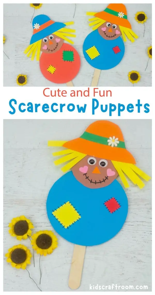 A collage of Scarecrow Puppets overlaid with text saying "Cute and fun scarecrow puppets".