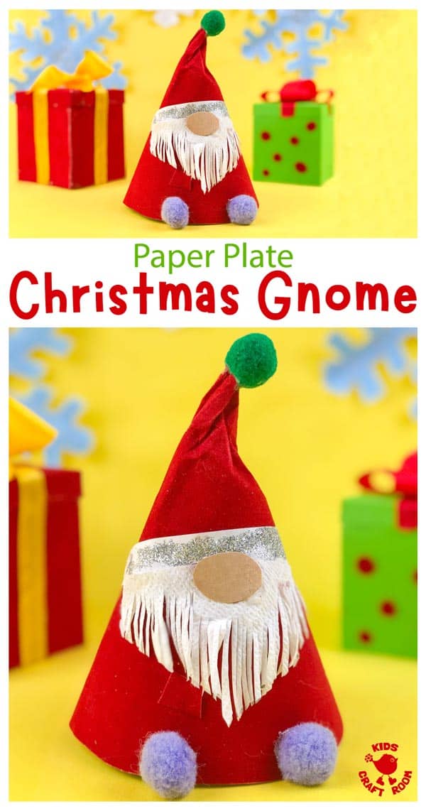 A collage of Gnome photos overlaid with text saying "Paper Plate Christmas Gnome".