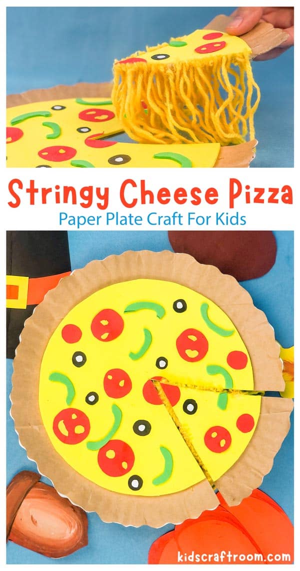 A collage showing the Paper Plate Pizza Craft from the side and from above. It is overlaid with descriptive text saying "Stringy Cheese Pizza".