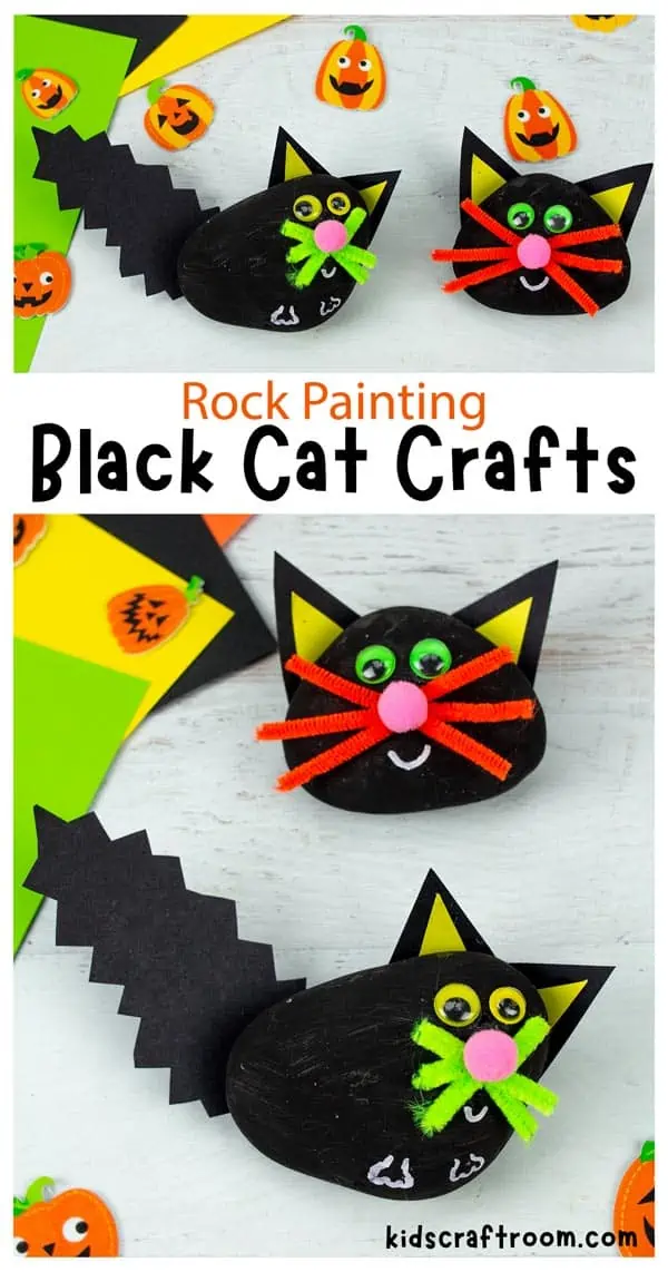 A collage of black cat crafts overlaid with text saying "Rock Painting Black Cat Crafts".