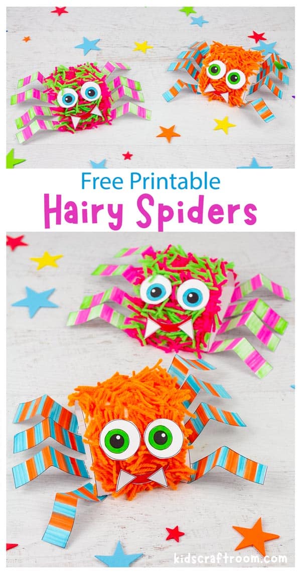 A collage of hairy spider crafts, in pinks and oranges, overlaid with descriptive text.
