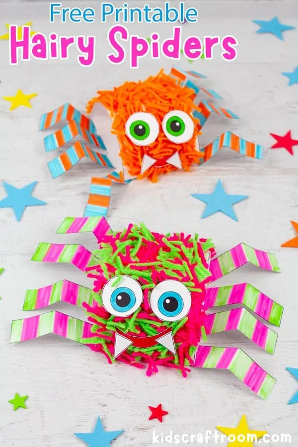 2 Printable Hairy Spider Crafts. One pink and green, one orange and blue.