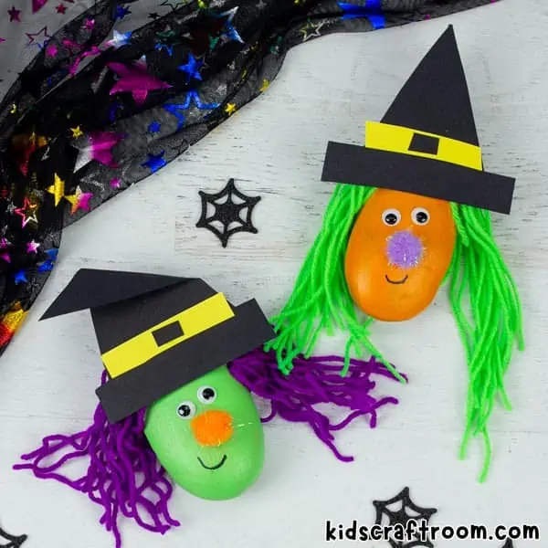 A square image showing two rock witch crafts. One has purple hair one has green hair. They are both smiling.