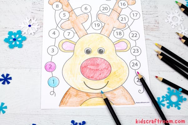 A Christmas Lights Reindeer Advent Calendar that has been coloured in with pencil crayons.