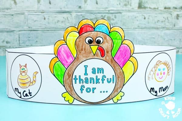 A close up of a hand coloured I Am Thankful Turkey Crown.