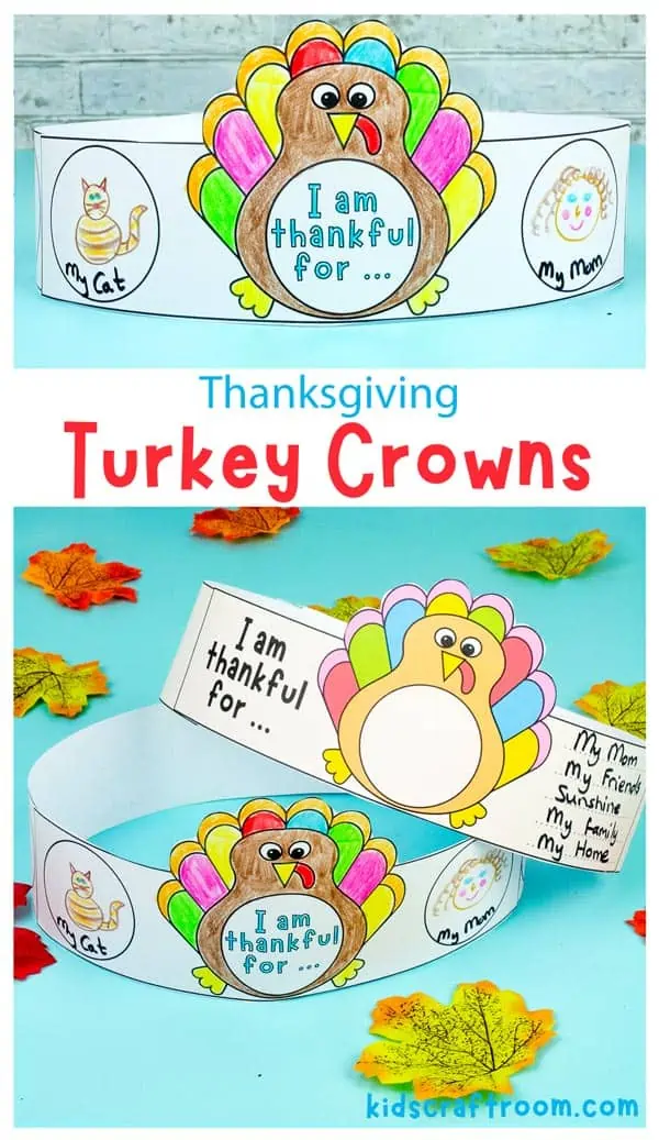 A collage showing a selection of I Am Thankful Turkey Crowns, over laid with descriptive text.
