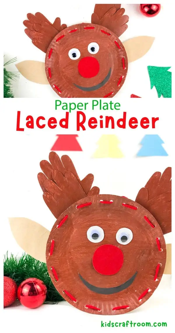 A collage of Laced Paper Plate Reindeer over laid with descriptive text.