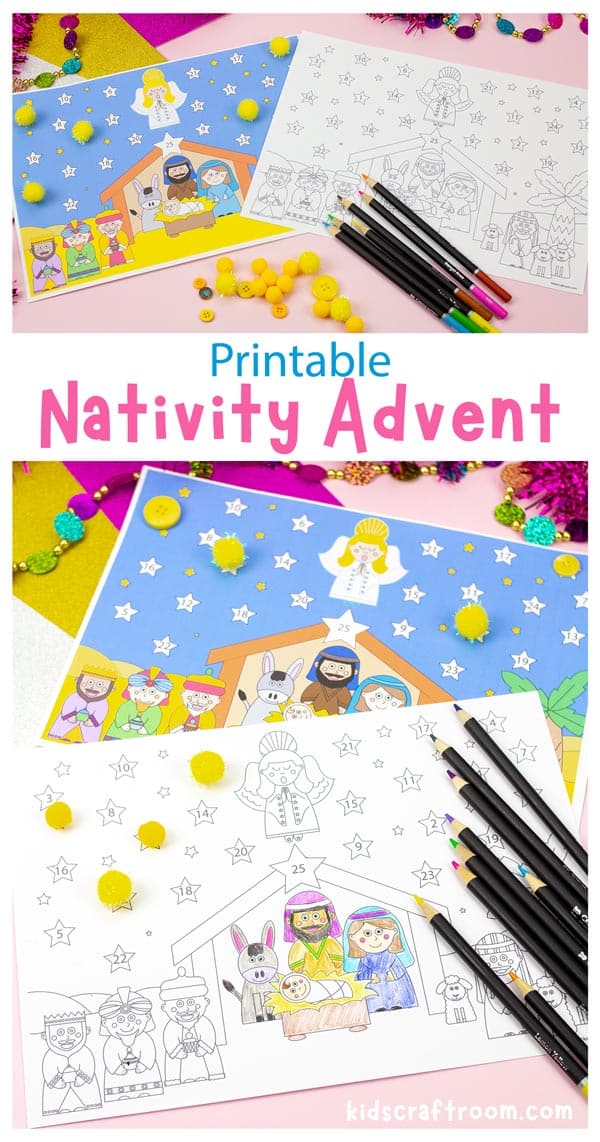 A collage of colour in Nativity Advent Calendars. Overlaid with text saying "Printable Nativity Advent".