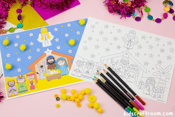 2 Nativity Advent Calendar For Kids side by side. A coloured version on the left and a b/w version on the right.