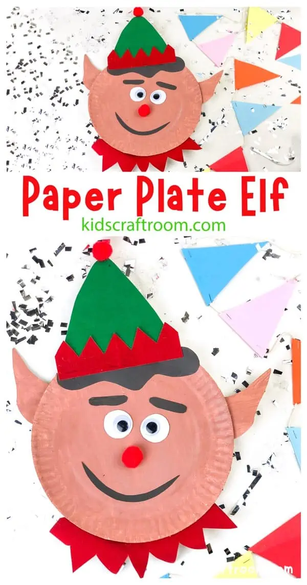 A collage of Paper Plate Elf Crafts overlaid with descriptive text.