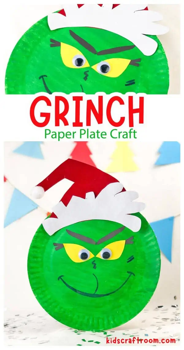 A collage of Paper Plate Grinch Crafts overlaid with descriptive text.