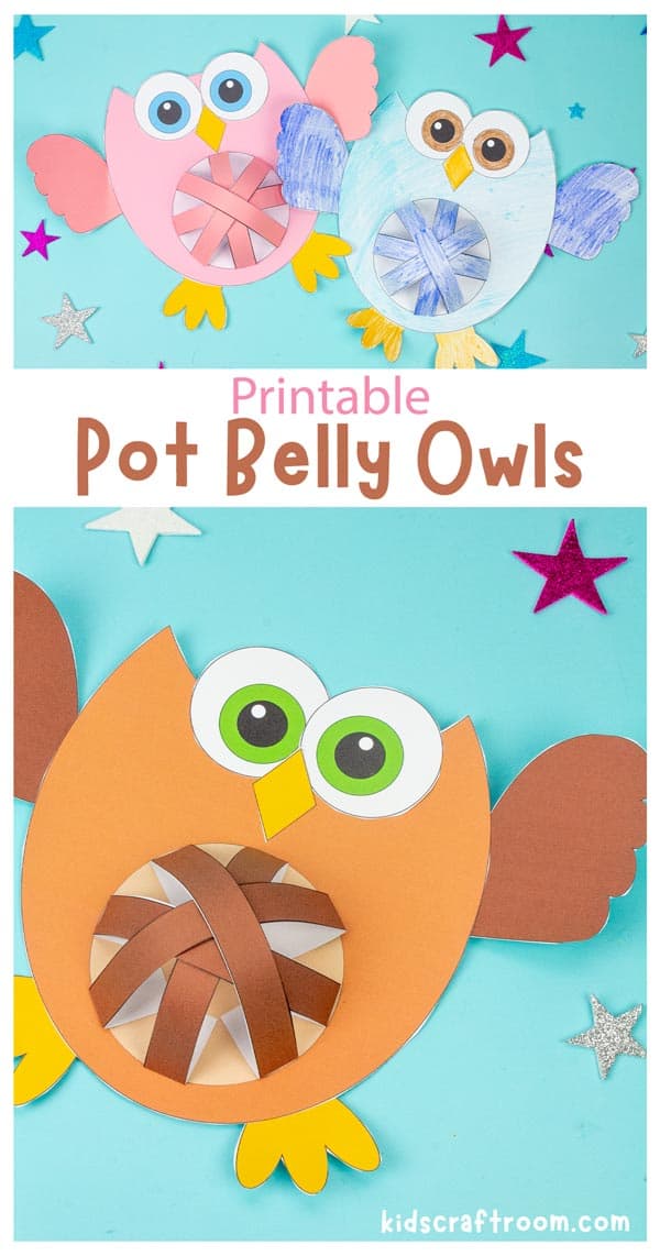 A collage of paper owls overlaid with text saying "Printable pot belly owls".