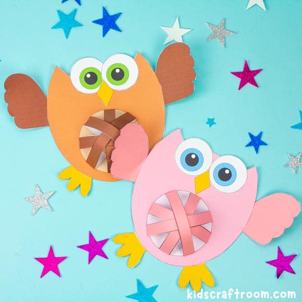 2 Pot Belly Owl crafts on a blue star filled background. the left owl is brown, the right owl is pink.