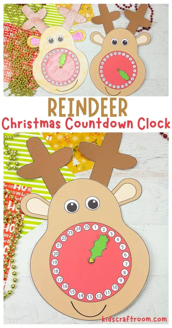 A collage of reindeer advent calendars overlaid with text "Reindeer Christmas Countdown Clock".