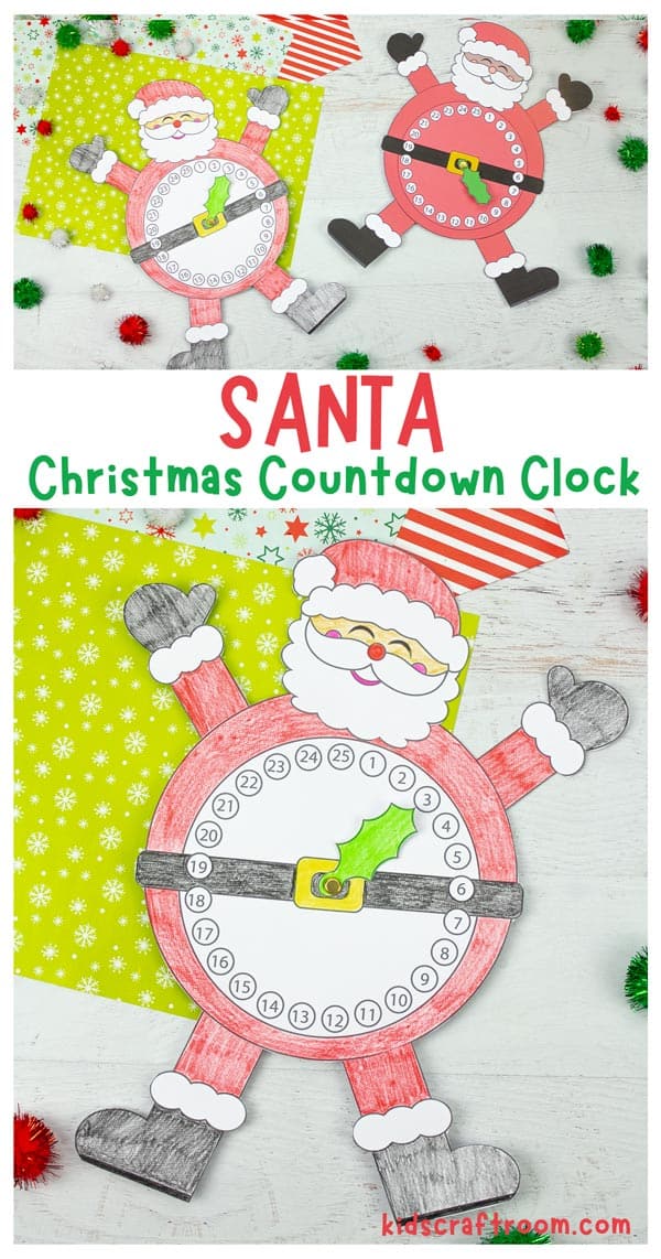 A collage of completed Santa Christmas Countdown Clocks overlaid with descriptive text.
