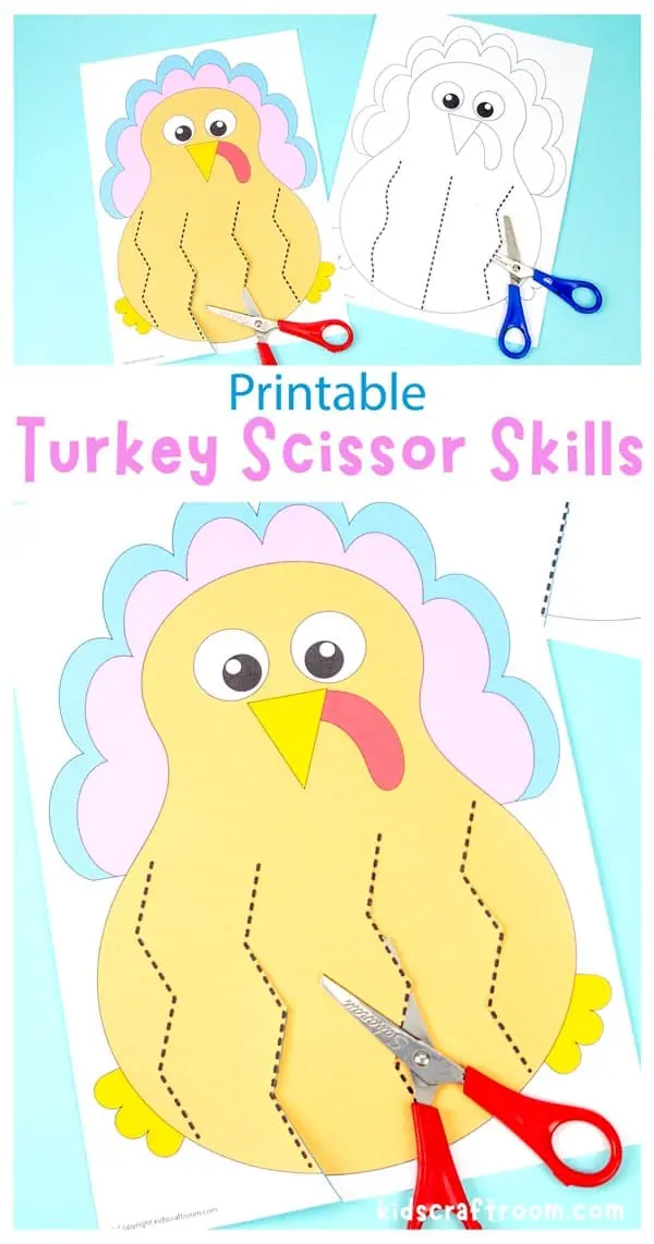 A collage of turkey cutting practice worksheets overlaid with text "Printable Turkey Scissor Skills".