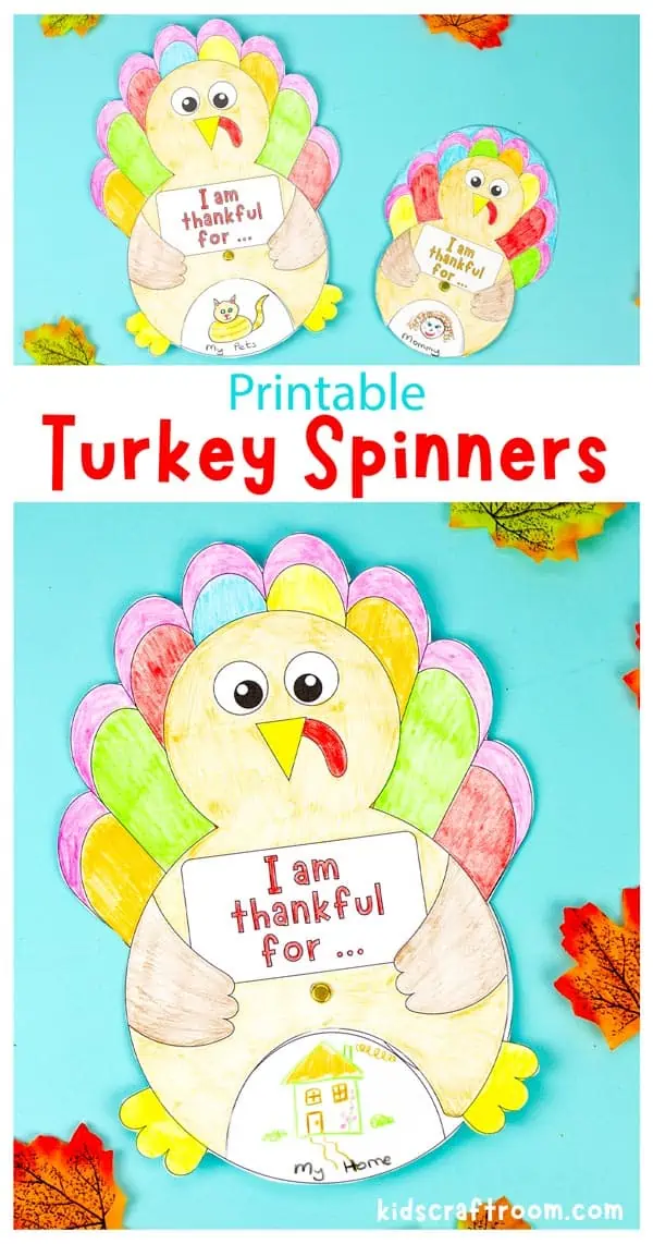 A collage of Thanksgiving turkey spinners overlaid with descriptive text.