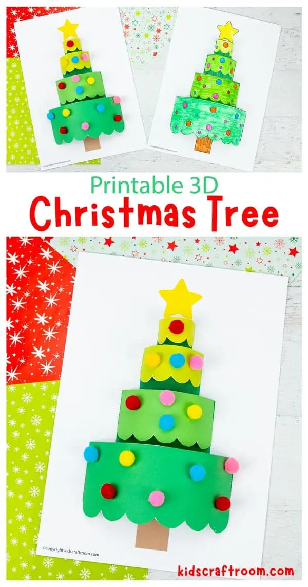 A collage of 3D Paper Christmas Tree Crafts overlaid with text "Printable 3D Christmas Tree".