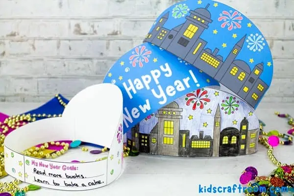 A close up of the Printable New Year's Eve Crown with space for kids to write their New Year Goals.