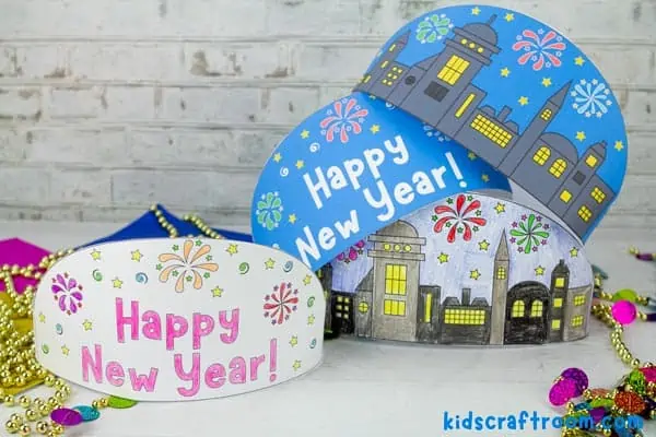 A close up of the fronts of the Printable New Year's Eve Crowns.