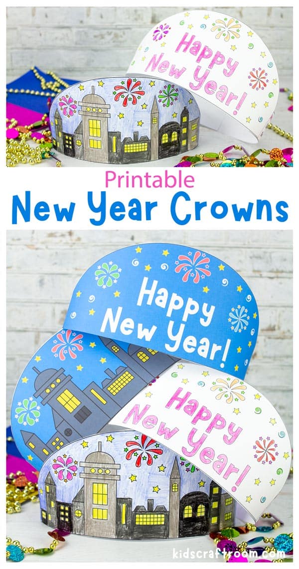 4 different Printable New Year's Eve Crowns stacked in a pile.