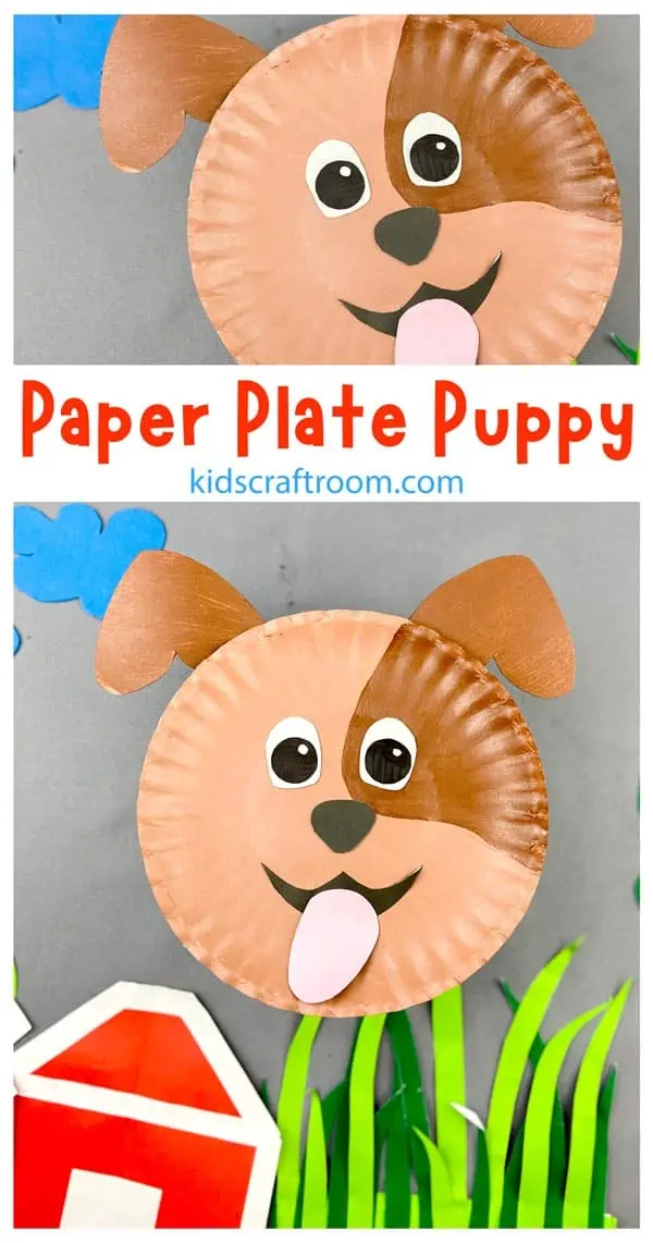 2 brown paper plate puppies with a dark eye patch.