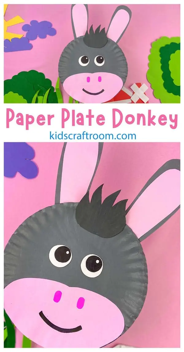 A close up of a paper plate donkey craft for kids.