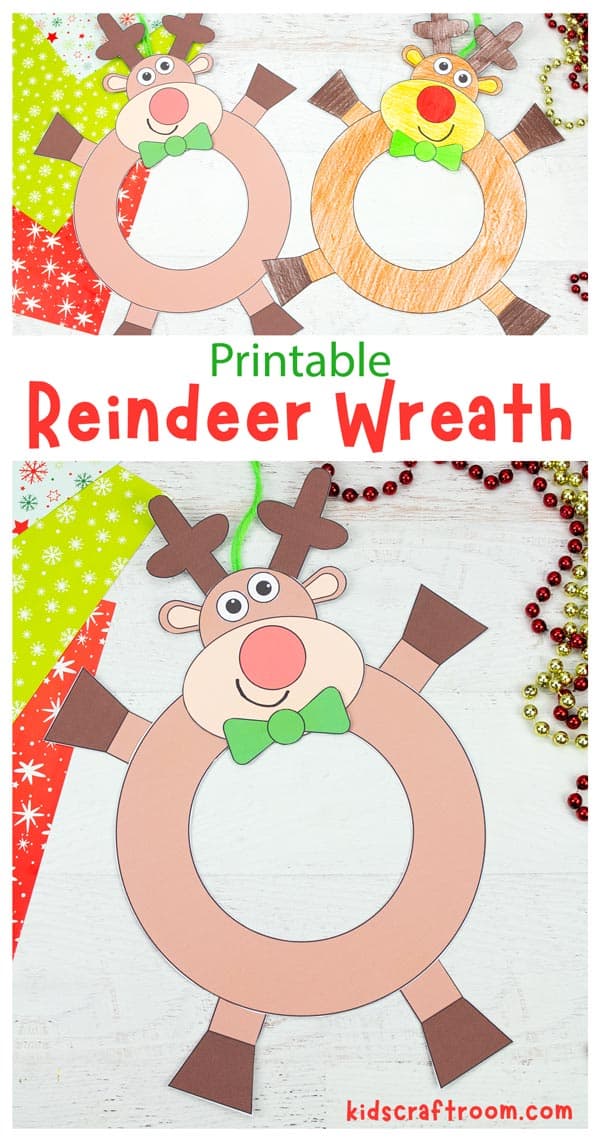 A collage of Christmas wreaths overlaid with text "Printable Reindeer Wreath".