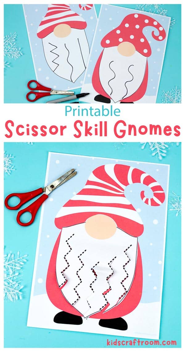 A collage of scissor skills gnomes worksheets overlaid with descriptive text.